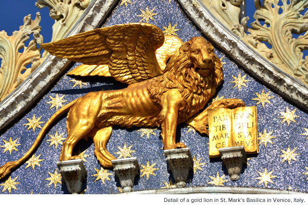 Detail of a gold lion in St. Mark's Basilica in Venice, Italy