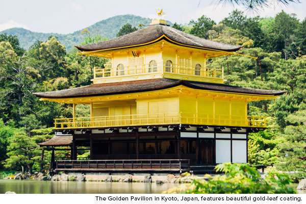 The Gold Pavilion in Kyoto, japan, features beautiful gold-leaf coating