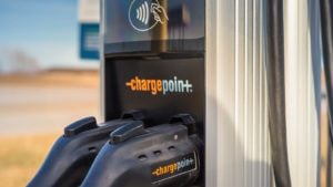 EV stocks: A close-up shot of a ChargePoint charging station.