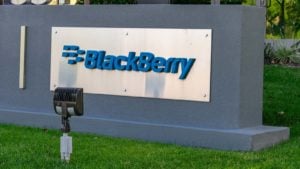 A BlackBerry (BB) sign out front of a corporate office in Silicon Valley, California.