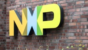 A sign on a brick well for NXP Semiconductor. NXPI stock.