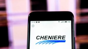 LNG stock: the Cheniere logo displayed on a phone