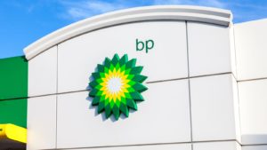 BP stock: the BP company logo on a building