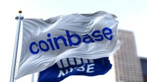 Flags of Coinbase and NYSE flying in the wind.