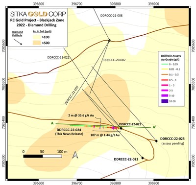 Figure 3: Plan Map of the Diamond Drilling at the Blackjack Zone at the RC Gold Project (CNW Group/[nxtlink id=