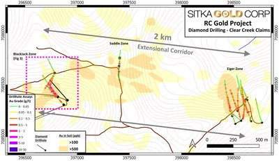 Figure 2: Plan Map of the Saddle-Eiger Zones at the RC Gold Project (CNW Group/[nxtlink id=