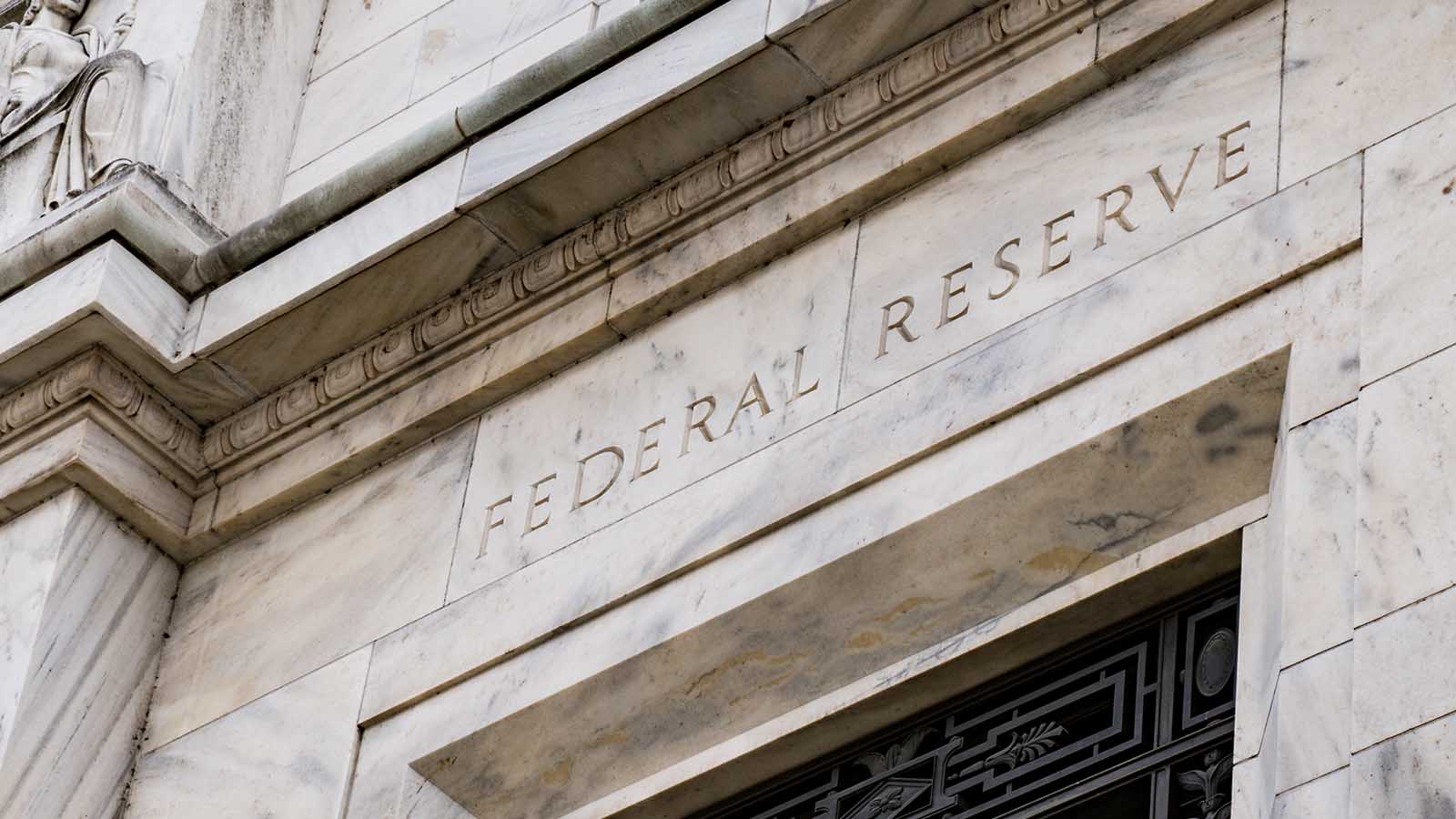 A detail shot of the Federal Reserve building.