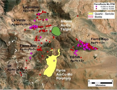Figure 3. Distribution of mineralized zones at El Fierro Project highlighting Ag rich vein zones as well as two magmatic centres corresponding to the Cu-Au-Mo Pyros porphyry target and the Au-Cu Antena target. (CNW Group/[nxtlink id=