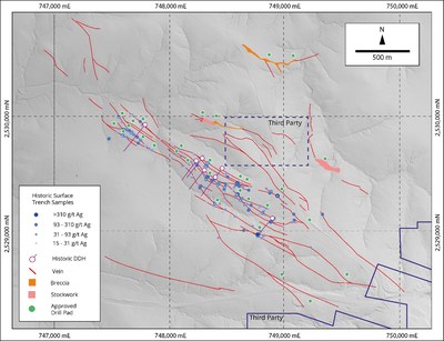 Figure 2.  El Cristo Vein System – Historical Trench Sampling Results. (CNW Group/[nxtlink id=