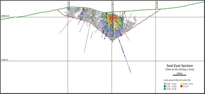 Figure 4. Cross section looking NE through the East Seel and Breccia Zone portion of the Seel deposit showing constraining pit outline, drill traces, and block model. (CNW Group/[nxtlink id=