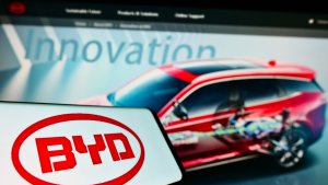 BYD Company Limited logo in front of their website. BYDDY stock.