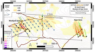 Figure 2: The 2-kilometre extensional corridor is outlined by a >100 ppb and >500 ppb gold-in-soil anomaly. (CNW Group/[nxtlink id=