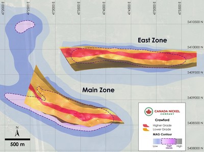 Figure 2 – Plan View of Crawford – Higher Grade & Lower Grade Zones Over Total Magnetic Intensity. (CNW Group/[nxtlink id=