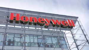 Honeywell (HON) logo on front of glass building