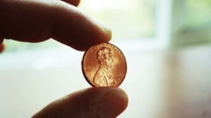Image of a penny held between two fingers with a white indoor background