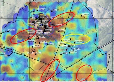 Figure 3: Main target areas resulting from the reinterpretation of historical results and the IL soil sampling. Showing Cu anomalies. Red circles are coincident Cu, Mo, Au soils indication possible extensions of porphyry mineralisation. Yellow circle indicates area of potential epithermal gold mineralisation. (CNW Group/Western Gold Exploration Ltd)