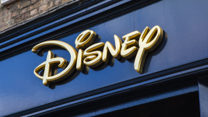 Disney logo on a store front. DIS stock.