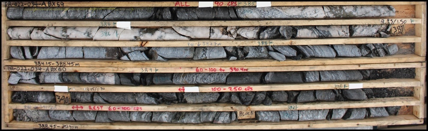 Elevated radioactivity within a strongly graphitic-sulphidic shear zone intersected in DR-22-034A; Up to 250 cps. Overprinting hydrothermal quartz veins and cataclastic breccias indicate repeated deformation and strong fluid flow along the Bronco conductor.