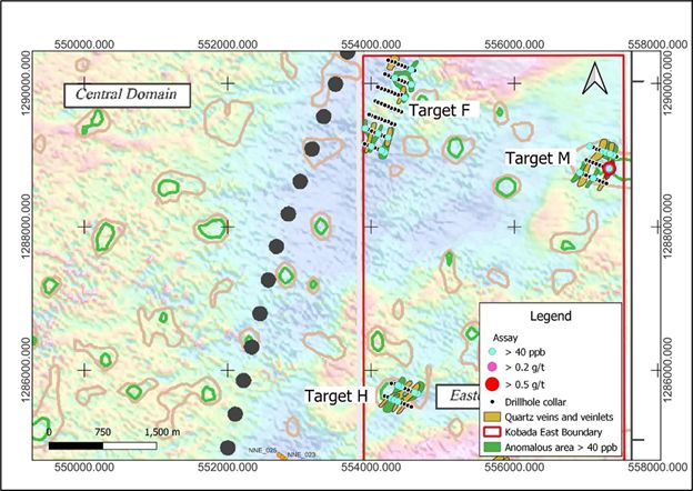 Figure 3: Auger Drilling Results over the Northern Portion of the Kobada Est Shear (Target F).