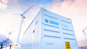 Conceptual image of a modern battery energy storage system with wind turbines and solar panel power plants in background
