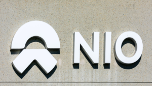 NIO logo, sign atop of North American headquarters and global software development center in Silicon Valley. NIO is Chinese electric autonomous vehicles manufacturer