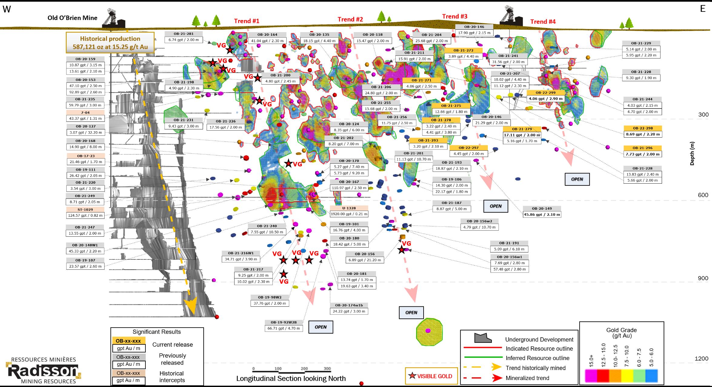 O’Brien Gold Project: Resource Block Model @ 5.0 g/t Au cut-off; Labeled Longitudinal section