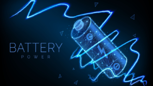 A vector illustration of a battery with neon lines swirling it; forever battery. promising battery stocks