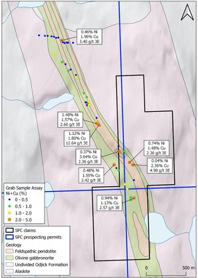 Figure 3: Geological plan map of the Spider Lake Area showing the location of samples collected in 2022. Samples are scaled and colored based on Ni+Cu% grade. PGM vales are presented as Pt+Pd+Au g/t. (CNW Group/[nxtlink id=