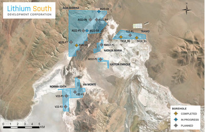 Lithium South Drill Map - representing 6 claim blocks (Alba Sabrina, Tramo, Natalia Maria, Gaston Enrique, Norma Edith and Via Monte).