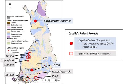 Figure 1. elementX project areas and existing Capella projects in Finland (CNW Group/[nxtlink id=