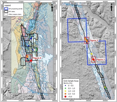 Figure 1: Geological plan map of the Muskox Intrusion showing the Company property position, sample locations and detailed figure locations. The image on the right is a continuation of the image on the left. (CNW Group/[nxtlink id=