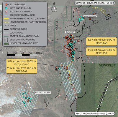 Figure 2: Overview plan view map of the Scottie Gold Mine Project, illustrating the distribution of the most recent results, and the overall scope of the 2022 drill and the completed 2022 loop electromagnetic geophysical grids. (CNW Group/[nxtlink id=