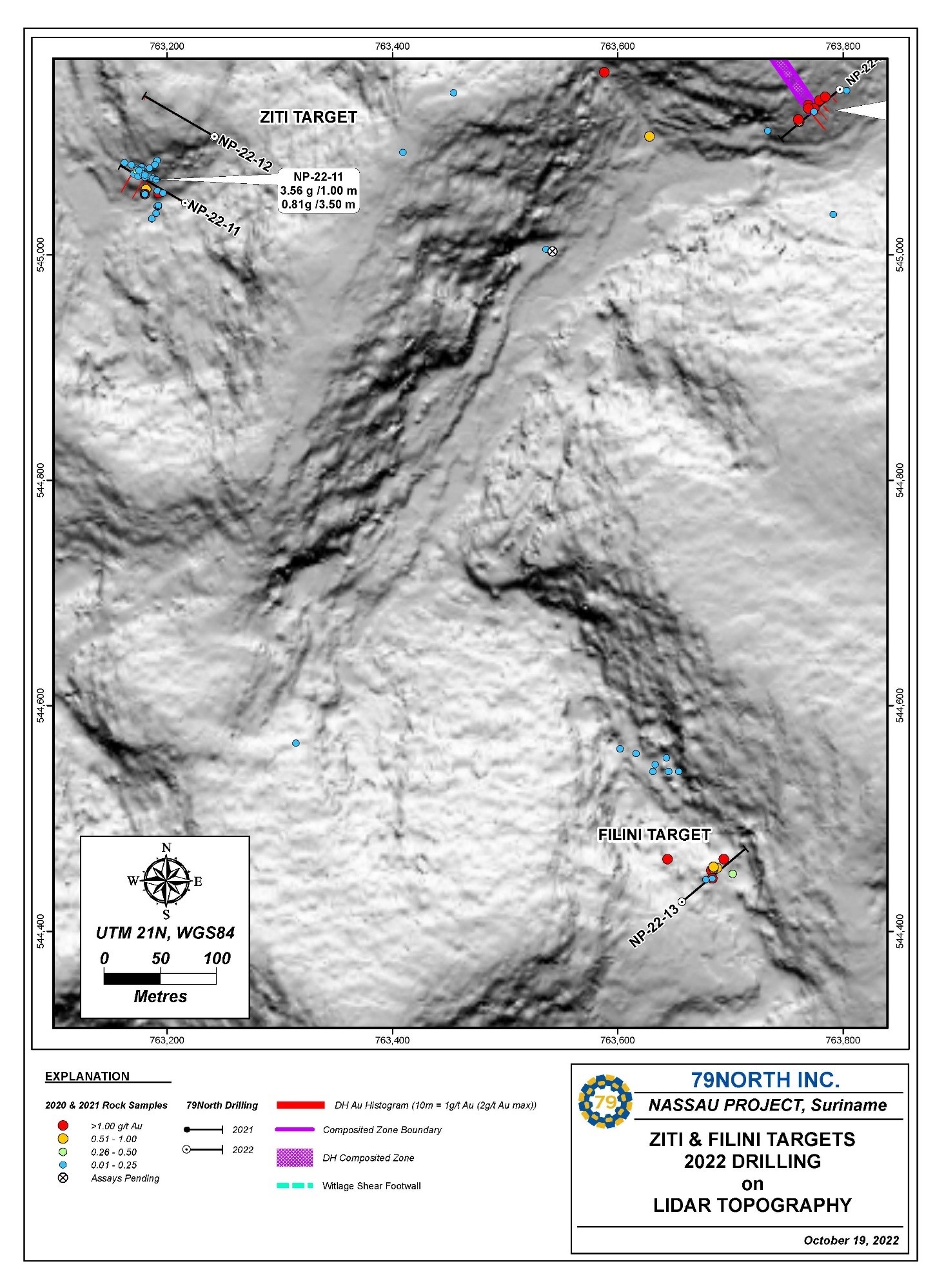 Geologic and LiDAR map with drill holes at the Ziti and Felini targets.