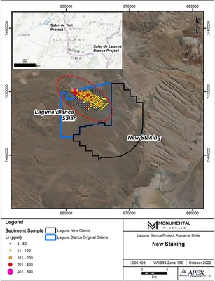 Figure 1. Location of the original Laguna Blanca exploration claims (blue outline) and the recently staked claims within the 5 km area of influence (black outline). (CNW Group/Monumental Minerals Corp.)