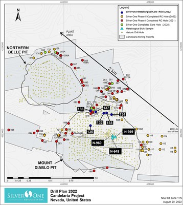 Figure 1.  Drill holes in the area of Mount Diablo and Northern Belle pits (see Corporate Presentation at www.silverone.com for assays of select down-hole intercepts)