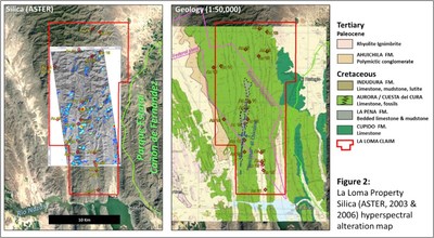Figure 2: La Loma Property Silica (ASTER, 2003 & 2006) hyperspectral alteration map. (CNW Group/[nxtlink id=