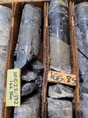 Figure 2. Photographs: Sulphide samples from drill hole SO-C-22-132. Mineralization includes massive sulphides such as pyrite, galena, sphalerite, and lesser chalcopyrite in bands, stockwork or filling breccia, with rims of native silver around the sulphides. (a) Single point pXRF assay in the 15 cm interval from 165.18 m to 165.33 m returned 3,176 g.t Ag, 0.6% Cu, 2.7% Pb and 13% Zn. (b) Similar intervals of massive mineralization occur to a depth of approximately 167 m.  (c) Saw-cut half core showing detail of the 165.18 m to 165.33 m interval in photo (a).