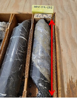 Figure 2. Photographs: Sulphide samples from drill hole SO-C-22-132. Mineralization includes massive sulphides such as pyrite, galena, sphalerite, and lesser chalcopyrite in bands, stockwork or filling breccia, with rims of native silver around the sulphides. (a) Single point pXRF assay in the 15 cm interval from 165.18 m to 165.33 m returned 3,176 g.t Ag, 0.6% Cu, 2.7% Pb and 13% Zn. (b) Similar intervals of massive mineralization occur to a depth of approximately 167 m.  (c) Saw-cut half core showing detail of the 165.18 m to 165.33 m interval in photo (a).