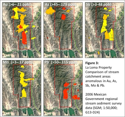 Figure 3: La Loma Property Comparison of stream catchment areas anomalous in Au, As, Sb, Mo & Pb. (CNW Group/[nxtlink id=