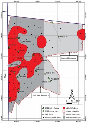 Figure 1: Plan map of the West Graham deposit showing pierce points of all reported holes and historic holes used in the 2009 resource estimate1. Red dashed line is the outline of the West Graham resource projected to surface. Shaded red area are the high-grade zones with NiEq. values of ~1.0%. (CNW Group/[nxtlink id=