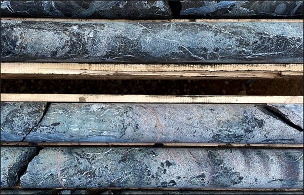 Pike Zone. Photograph of drill core with 2.2% TREO and 19% P205 at 219m in drill hole HK22-013.  Rare earth element mineralization is amongst a myriad of carbonatite dykes (phoscorite and sovite) which themselves are cut by fluorite-rich carbonate veins. Protolith alkaline igneous rocks are completely replaced by a potassic alteration assemblage dominated by hydrothermal biotite.