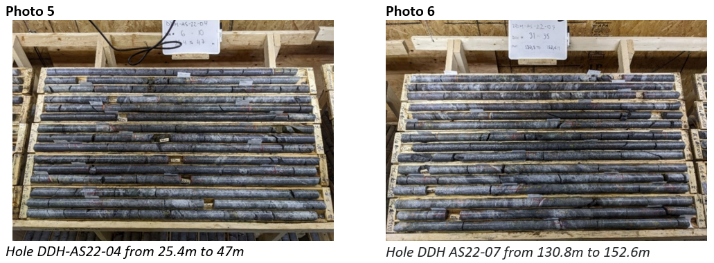 Photo 5: Hole DDH-AS22-04 from 25.4m to 47m; Photo 6: Hole DDH AS22-07 from 130.8m to 152.6m