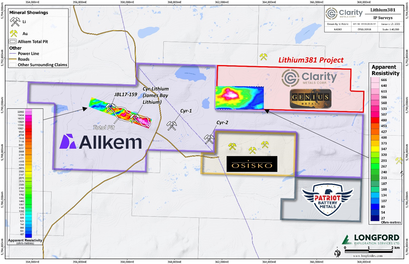 Preliminary resistivity results on Lithium381 Project and Allkem Limited’s 2008 IP Resistivity survey in the area of their open pit. Note the surveys are at different scales.