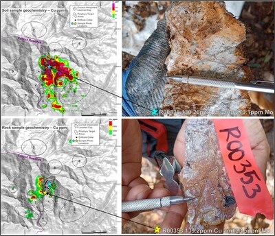 Figure 3: 
upper left: copper soil sample map
lower left: copper rock sample map
upper right: leached cap porphyry outcrop sample with quartz sulfide vein over Mocoa deposit
lower right: leached cap porphyry outcrop sample with quartz sulfide veins over Mocoa deposit (CNW Group/[nxtlink id=