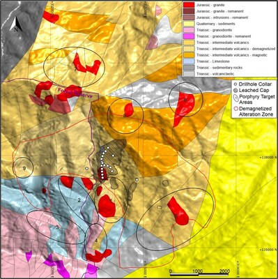 Figure 1: Geological interpretation, leached cap outcrop, demagnetized zone and target areas (CNW Group/[nxtlink id=
