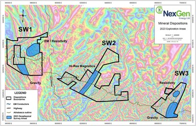 Figure 3: NexGen’s southwest Athabasca tenure with magnetic tilt derivative in the background. 2023 geophysical survey areas highlighted blue. (CNW Group/[nxtlink id=