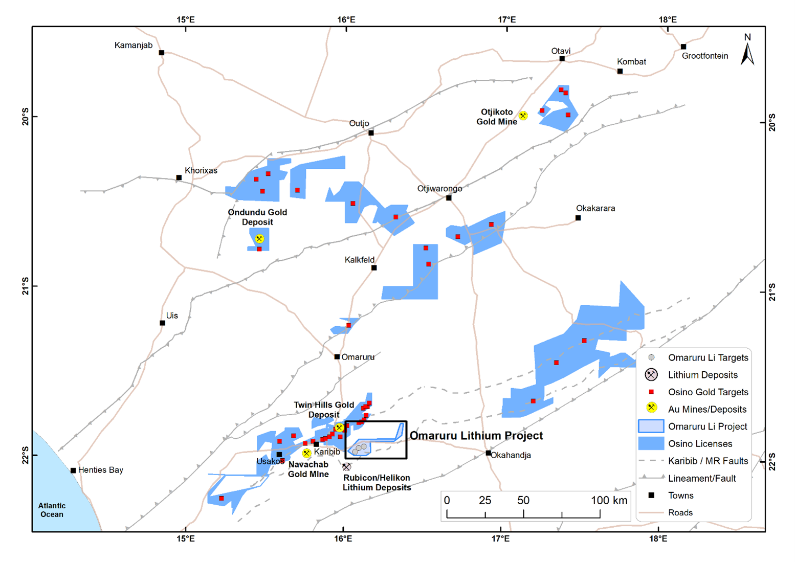 Omaruru Lithium Project location relative to the Twin Hills Gold Project and other mines and deposits in the area