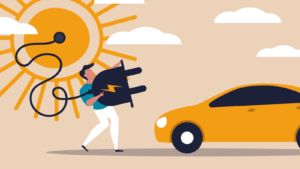 An image of a man walking toward a car holding a plug that's connected to the sun; solar power, EV, solar car
