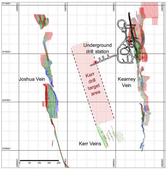 A map with a key showing the main veins and location of the new drill platform in the underground development.