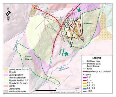 Figure 1. Plan map showing location of the Camp, Cuyes, and Cuyes West deposits and the outline of the new breccia pipe at the 1,250-metre elevation level. (CNW Group/[nxtlink id=